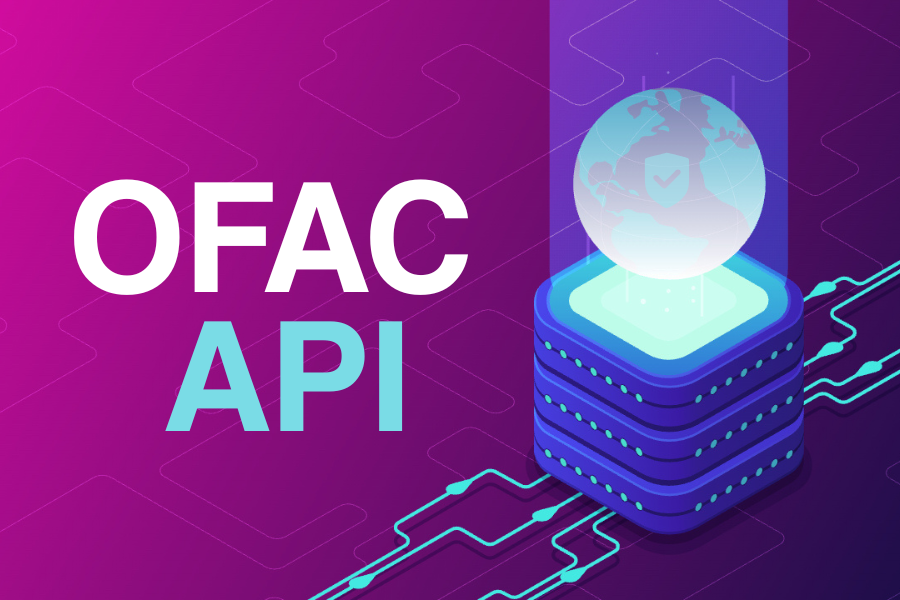Diagram of an OFAC API connecting business systems to sanctions screening